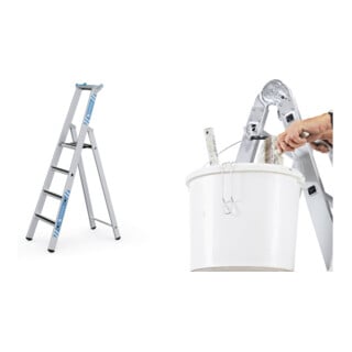 Set ZARGES R13step S - LM-Stufen-Stehleiter 4 Stufen + Eimerhaken verz. f.Sprossenleitern