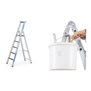 Set ZARGES R13step S - LM-Stufen-Stehleiter 5 Stufen + Eimerhaken verz. f.Sprossenleitern