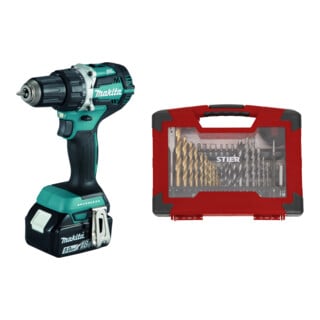Set Makita Akku-Bohrschrauber + STIER TiN-Bohrer-, Säge- und Bit-Set 100-teilig