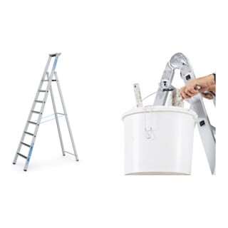 Set ZARGES R13step S - LM-Stufen-Stehleiter 8 Stufen + Eimerhaken verz. f.Sprossenleitern