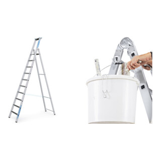 Set ZARGES R13step S - LM-Stufen-Stehleiter 10 Stufen + Eimerhaken verz. f.Sprossenleitern