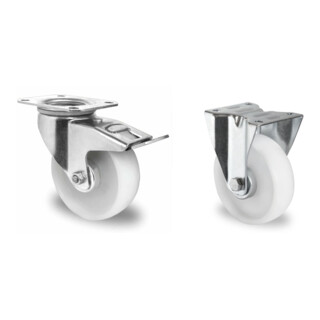 Set CASCOO Lenkrolle mit Totalfeststeller ø 100 mm Serie N0N0 Rollenlager + Bockrolle ø 100 mm Serie N0N0 Rollenlager