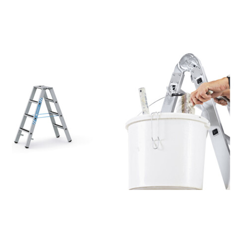 Set ZARGES R13step B - LM-Stufen-Stehleiter 2 x 4 Stufen + Eimerhaken verz. f.Sprossenleitern