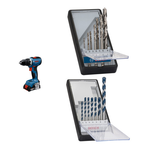 Set Bosch Akku-Bohrschrauber GSR 18V-65 + 7tlg. Robust Line Holzspiralbohrer-Set + 7tlg. Robust Line Betonbohrer-Set
