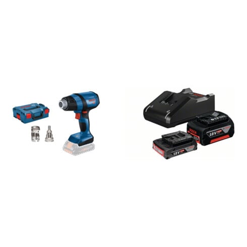 Set Bosch Akku Heiße Luftgebläse, Typ: GHG18V50 + Starter-Set: 1x GBA 18V 2,0Ah + 1x GBA 18V 4,0Ah + GAL 18V-40