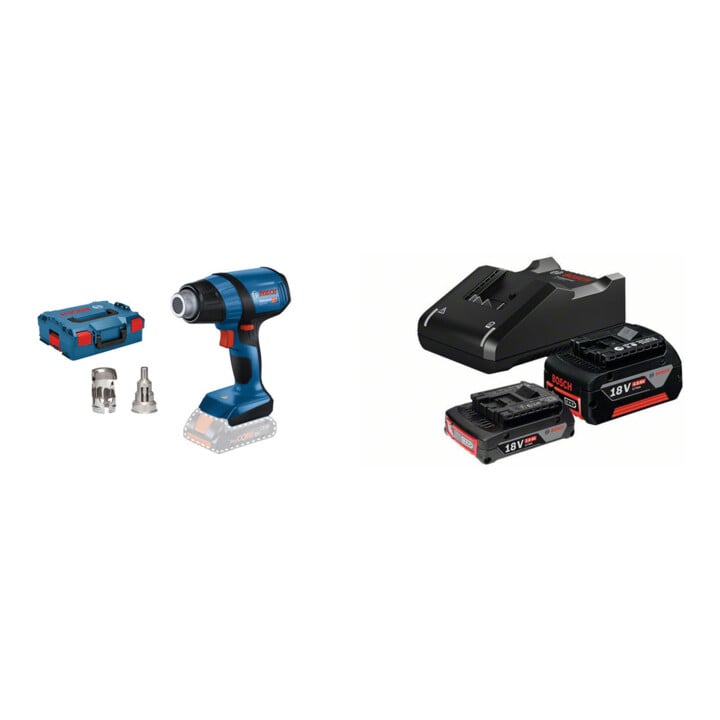 Set Bosch Akku Heiße Luftgebläse, Typ: GHG18V50 + Starter-Set: 1x GBA 18V 2,0Ah + 1x GBA 18V 4,0Ah + GAL 18V-40
