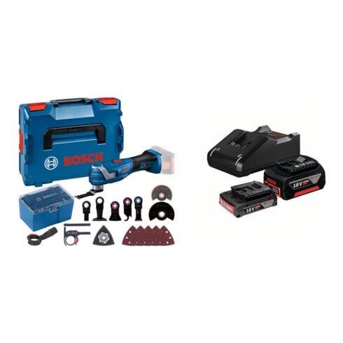 Set Bosch Akku-Multi-Cutter GOP 18V-34, Starlock Tauchsägeblätter+diverses Zubehör, L-BOXX + Starter-Set: 1x GBA 18V 2,0Ah + 1x GBA 18V 4,0Ah + GAL 18V-40