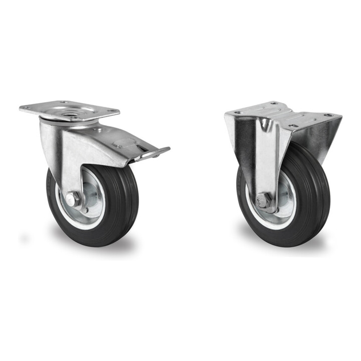 Set CASCOO Lenkrolle mit Totalfeststeller ø 100 mm Serie SWS4 Rollenlager + Bockrolle ø 100 mm Serie SWS4 Rollenlager