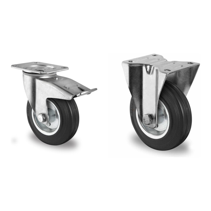 Set CASCOO Lenkrolle mit Totalfeststeller ø 125 mm Serie SWS4 Rollenlager + Bockrolle ø 125 mm Serie SWS4 Rollenlager