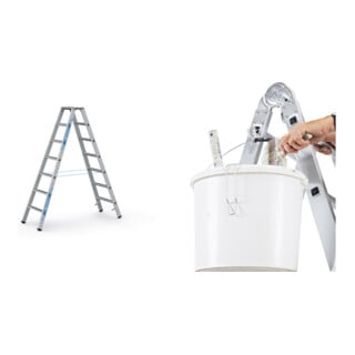Set ZARGES Saferstep B - LM-Stufen-Stehleiter 2 x 7 Stufen + Eimerhaken verz. f.Sprossenleitern
