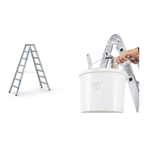 Set ZARGES Saferstep B - LM-Stufen-Stehleiter 2 x 7 Stufen + Eimerhaken verz. f.Sprossenleitern