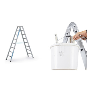 Set ZARGES Saferstep B - LM-Stufen-Stehleiter 2 x 8 Stufen + Eimerhaken verz. f.Sprossenleitern