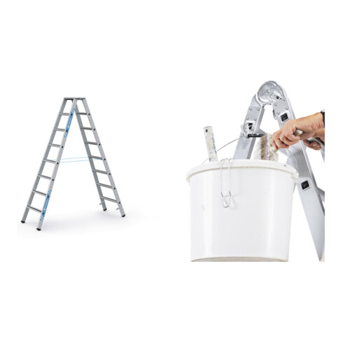 Set ZARGES Saferstep B - LM-Stufen-Stehleiter 2 x 8 Stufen + Eimerhaken verz. f.Sprossenleitern