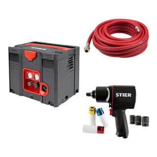 Set STIER Systainer-Kompressor SKT 160-8-6 ölfrei + Schlagschrauber-Satz 17-BBS + Druckluftschlauch SSDL-10/10