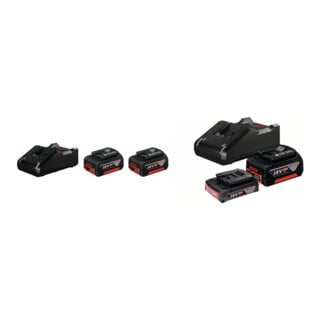 Set Bosch Akku Starter-Set: 2 x GBA 18 Volt 4,0 Ah und GAL 18V-40 + Starter-Set: 1x GBA 18V 2,0Ah + 1x GBA 18V 4,0Ah + GAL 18V-40
