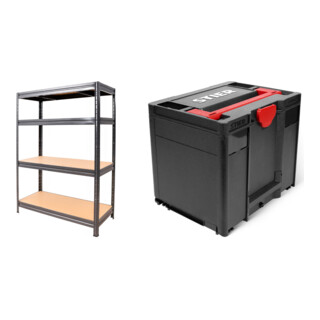 Set STIER Schwerlast-Fachbodenregal Fachlast 500kg HxBxT 1770x1800x600 mm + Systainer³ IV Black Edition