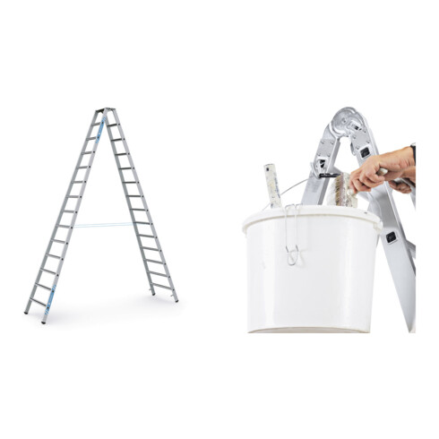 Set ZARGES Saferstep B - LM-Stufen-Stehleiter 2 x 14 Stufen + Eimerhaken verz. f.Sprossenleitern
