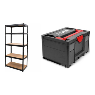 Set STIER Steck-Fachbodenregal Fachlast 350kg BxTxH 900x450x1800 mm + Systainer³ III Black Edition