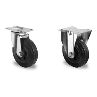 Set CASCOO Lenkrolle mit Totalfeststeller ø 80 mm Serie P4S4 Rollenlager + Bockrolle ø 80 mm Serie P4S4 Rollenlager