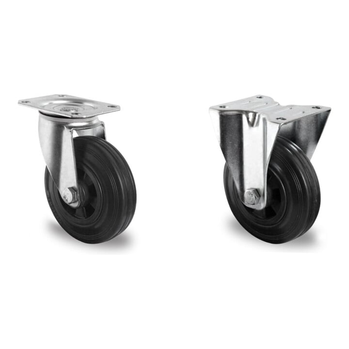 Set CASCOO Lenkrolle mit Totalfeststeller ø 80 mm Serie P4S4 Rollenlager + Bockrolle ø 80 mm Serie P4S4 Rollenlager