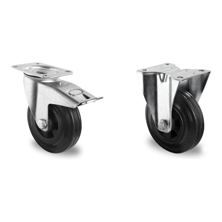 Set CASCOO Lenkrolle mit Totalfeststeller ø 100 mm Serie P4S4 Rollenlager + Bockrolle ø 100 mm Serie P4S4 Rollenlager
