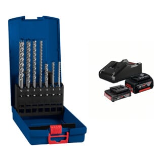Set Bosch Hammerbohrersatz Expert SDS plus-7X 7-tlg.SDS Plus Ku.-Kass.m.Euroloch + Starter-Set: 1x GBA 18V 2,0Ah + 1x GBA 18V 4,0Ah + GAL 18V-40