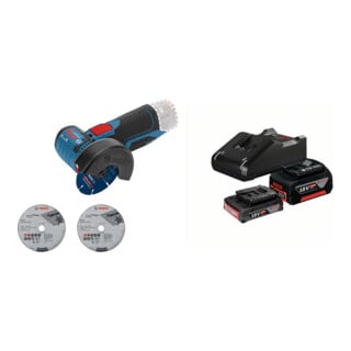 Set Bosch Akku-Winkelschleifer GWS 12V-76 Solo Version + Starter-Set: 1x GBA 18V 2,0Ah + 1x GBA 18V 4,0Ah + GAL 18V-40
