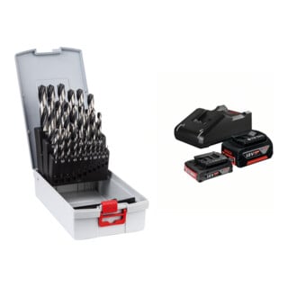 Set Bosch Metallspiralbohrer HSS-Set PointTeQ DIN 338 25-teilige ProBox + Starter-Set: 1x GBA 18V 2,0Ah + 1x GBA 18V 4,0Ah + GAL 18V-40