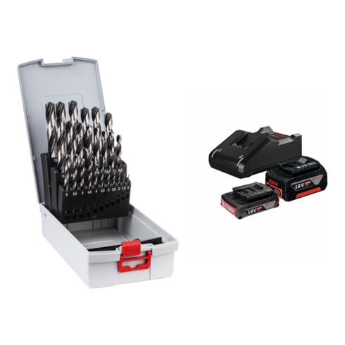 Set Bosch jeu de forets hélicoïdaux pour métaux HSS PointTeQ, DIN 338, ProBox de 25 pièces + kit de démarrage 1x GBA 18V 2,0Ah + 1x GBA 18V 4,0Ah + GAL 18V-40
