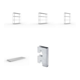 Set Weitspannregal Speed-RackGr 2470x2000x600 mm + SPEED-RACK Zusatzfachebene 2000x600 mm in verzinkt mit Stahlpaneelen + Weitspannregal vzk 1700x600x2470 Stahlp + Weitspannregal vzk 2500x600x2470 Stahlp + Zubehör Päckchen Verdübelungsset SPEED-RACK vzk m