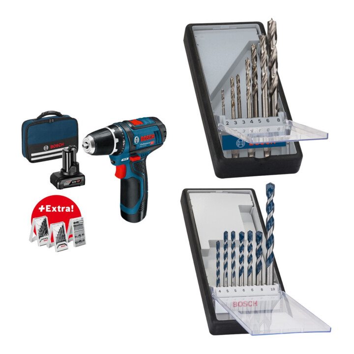 Set Bosch Akku-Bohrschrauber GSR 10,8-2-LI + 7tlg. Robust Line Holzspiralbohrer-Set + 7tlg. Robust Line Betonbohrer-Set
