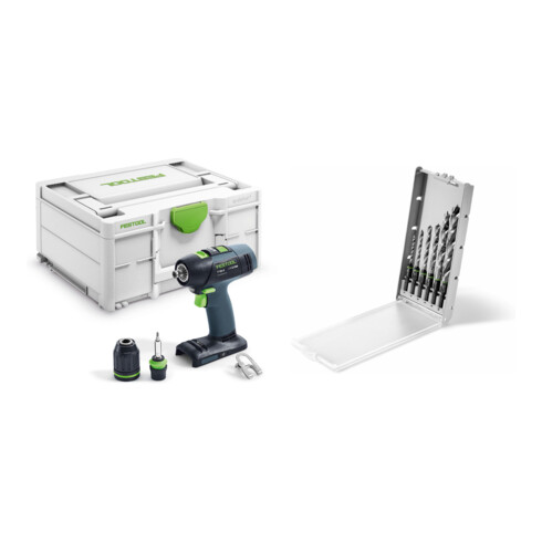 Set Festool Akku-Bohrschrauber T 18+3-Basic + Bohrerkassette BKS SYS3 D3-10 CE/W