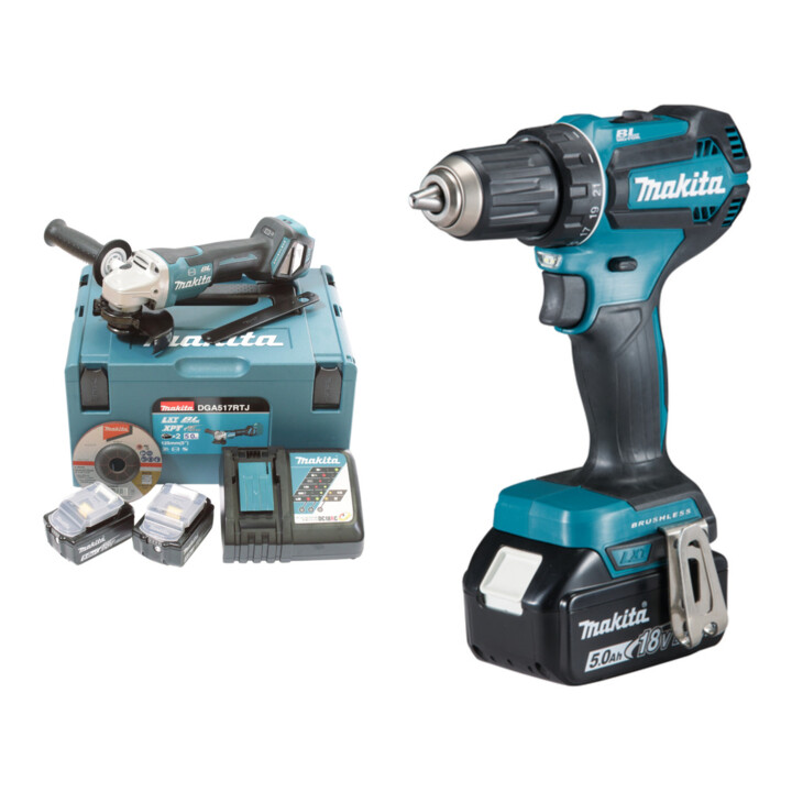 Set Makita Akku-Winkelschleifer DGA517RTJ, 18 V, 5,0 Ah mit Paddleschalter, 2 Akkus und Ladegerät, im MAKPAC + Makita Akku-Bohrschrauber 18V / 5,0 Ah DDF485RTJ