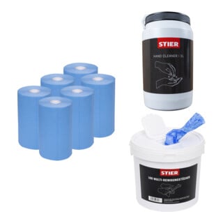 Set STIER Putzpapier-Rollen, 3-lagig, 30 cm Länge x 23 cm Breite + Multi-Reinigungstuch Universal + Handreiniger Werkstatt 3 L