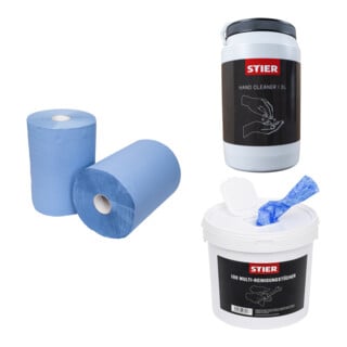 Set STIER Putzpapier-Rollen 3-lagig L.36,5cm x B.35cm + Multi-Reinigungstuch Universal + Handreiniger Werkstatt 3 L