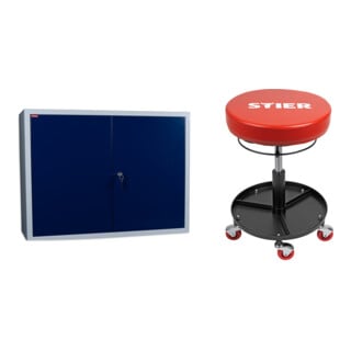Set STIER Werkzeugschrank grau und blau, innen 1 Boden, HxBxT mm 600x800x300 mm + Arbeits-Sitz f r Werkstatt
