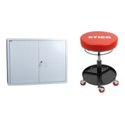 Set STIER Werkzeugschrank grau, innen 1 Boden, HxBxT mm 600x800x300 mm + Arbeits-Sitz f r Werkstatt