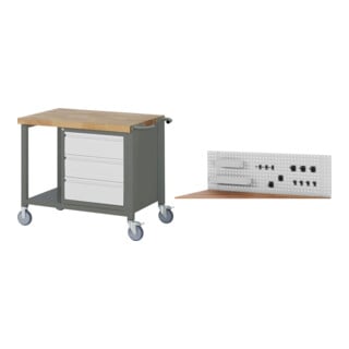Set STIER Fahrbare Werkbank Premium mit 3 Schubladen BxTxH 1000x700x880mm +...