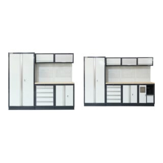 Set STIER Werkstatteinrichtung Basic 3-teilig mit Lochwand und Multiplex-Arbeitsplatte BxTxH 2275x460x2000mm + Werkstatteinrichtung Basic 4-teilig mit Lochwand und Multiplex-Arbeitsplatte BxTxH 2955x460x2000mm