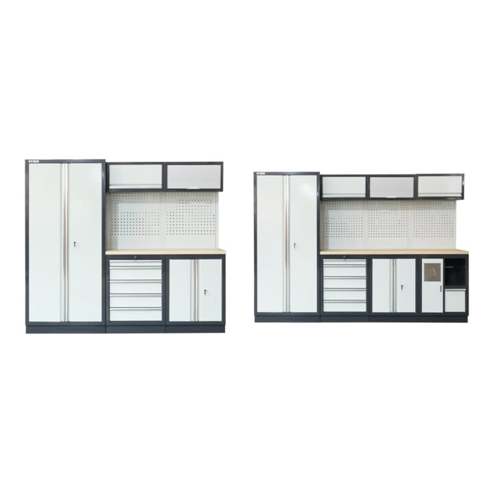 STIER Werkstatteinrichtung Basic 3-teilig mit Lochwand und Multiplex-Arbeitsplatte BxTxH 2275x460x2000mm + STIER Werkstatteinrichtung Basic 4-teilig mit Lochwand und Multiplex-Arbeitsplatte BxTxH 2955x460x2000mm
