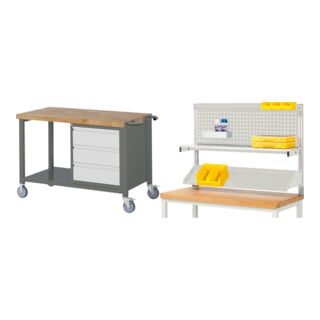 Set STIER Fahrbare Werkbank Premium mit 3 Schubladen BxTxH 1250x700x880mm +...