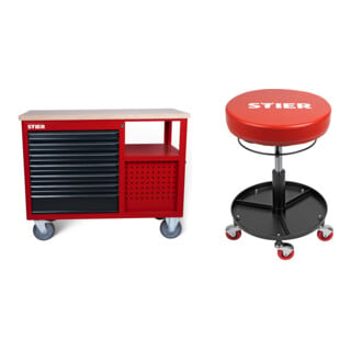 Set STIER Fahrbare Werkbank 7 Frontschubladen und 5 Seitschubladen leer + Arbeits-Sitz f r Werkstatt
