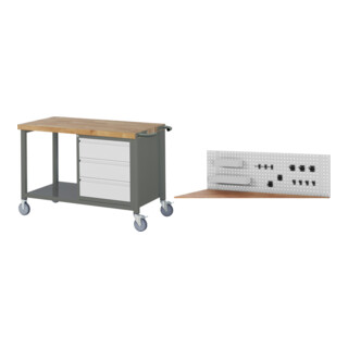 Set STIER Fahrbare Werkbank Premium mit 3 Schubladen BxTxH 1250x700x880mm +...