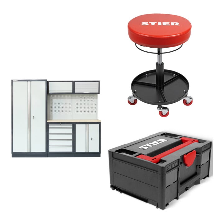 Set STIER Werkstatteinrichtung Basic 3-teilig mit Lochwand und Multiplex-Arbeitsplatte BxTxH 2275x460x2000mm + Systainer³ II Black Edition + Arbeits-Sitz für Werkstatt