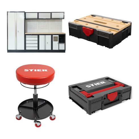 Set STIER Werkstatteinrichtung Basic 4-teilig mit Lochwand und Multiplex-Arbeitsplatte BxTxH 2955x460x2000mm + Systainer³ I Black Edition + Systainer® T-LOC MFT BLACK-Edition + Arbeits-Sitz für Werkstatt