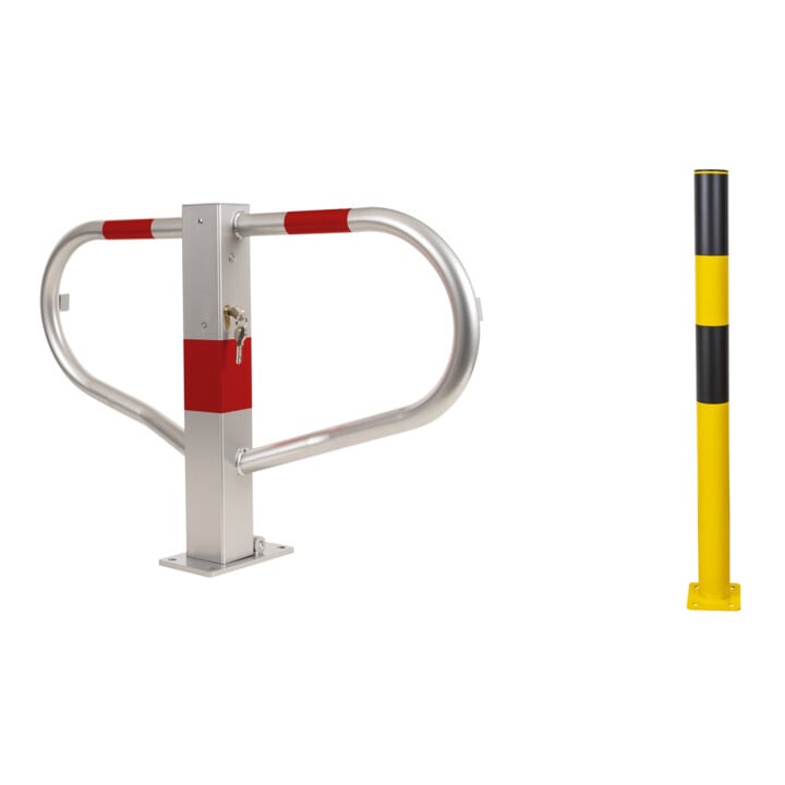 Set STIER Barrière de parking rabattable avec serrure à cylindre HxIxP 512x775x190mm + Bollard anti-chocs Ø 90 mm x 1200 mm avec kit de montage