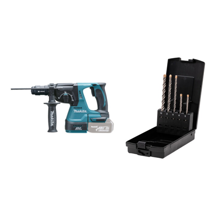 Set Makita Akku-Kombihammer 18V DHR243Z + STIER Hammerbohrer-Set SDS-plus 5-tlg.