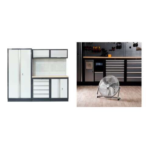 Set STIER Werkstatteinrichtung Basic 3-teilig mit Lochwand und Multiplex-Arbeitsplatte BxTxH 2275x460x2000mm + Ventilator 145W