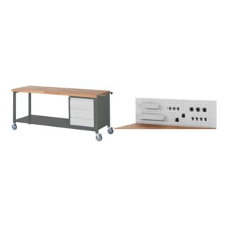 Set STIER Fahrbare Werkbank Premium mit 3 Schubladen BxTxH 2000x700x880 mm +...