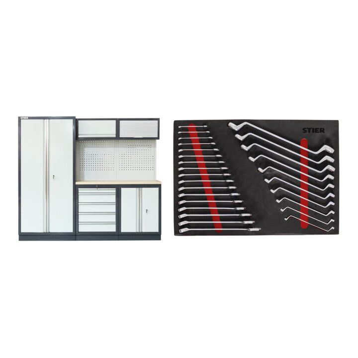 Set STIER Werkstatteinrichtung Basic 3-teilig mit Lochwand und Multiplex-Arbeitsplatte BxTxH 2275x460x2000mm + Ringmaul- & Doppelringschlüsse-Satz 27-teilig in Weichschaumeinlage (EVA)